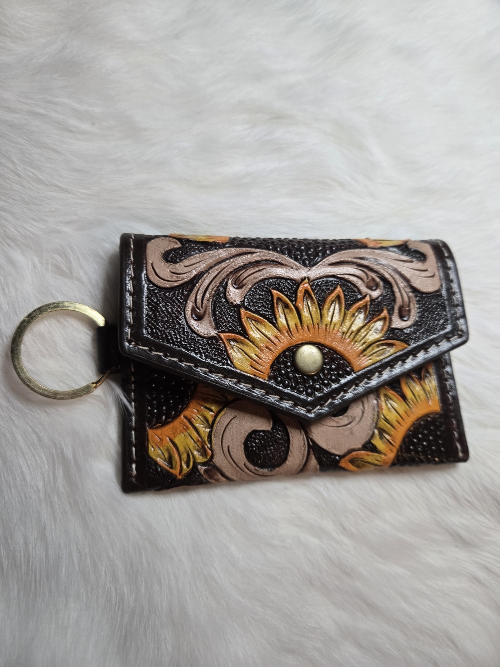 Genuine Leather Handtooled Sunflower Keychain Wallet NWOT - Picture 1 of 4